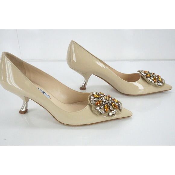 Prada Nude Patent Beaded Broach Mid Heel Pointy Toe Pumps - Picture 8 of 12